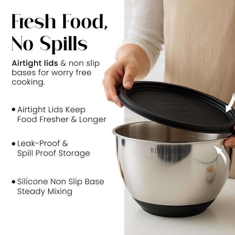 Bellemain Mixing Bowls with Lids Set - Stainless Steel Mixing Bowls with Airtight Lids - Food Storage Containers - 3PCS Set with Non-Slip Bottoms Kitchen Essentials for Baking - Serving - Image 2